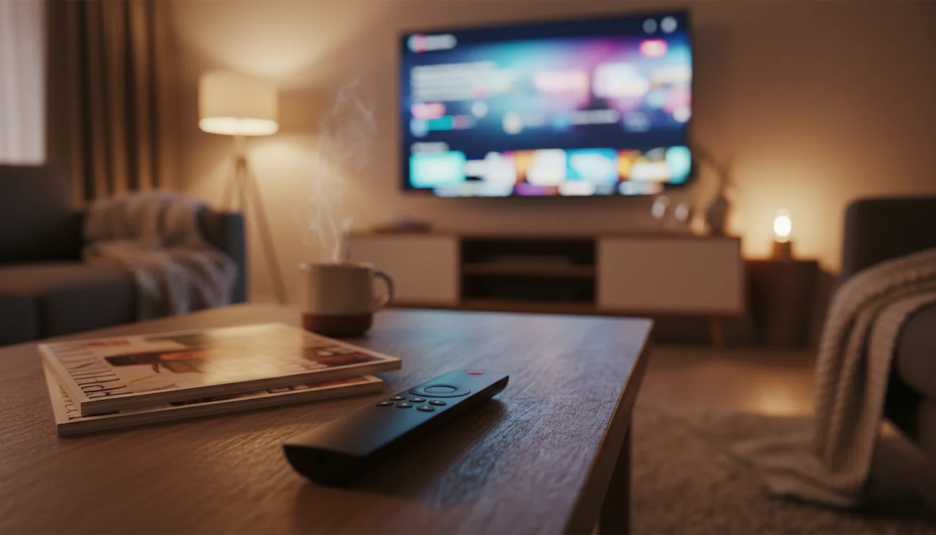 Family watching Smart TV IPTV app on living room TV